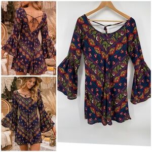 Judith March Multicolor Floral Bell Mini Dress Boho , Western Cottagecore Size L